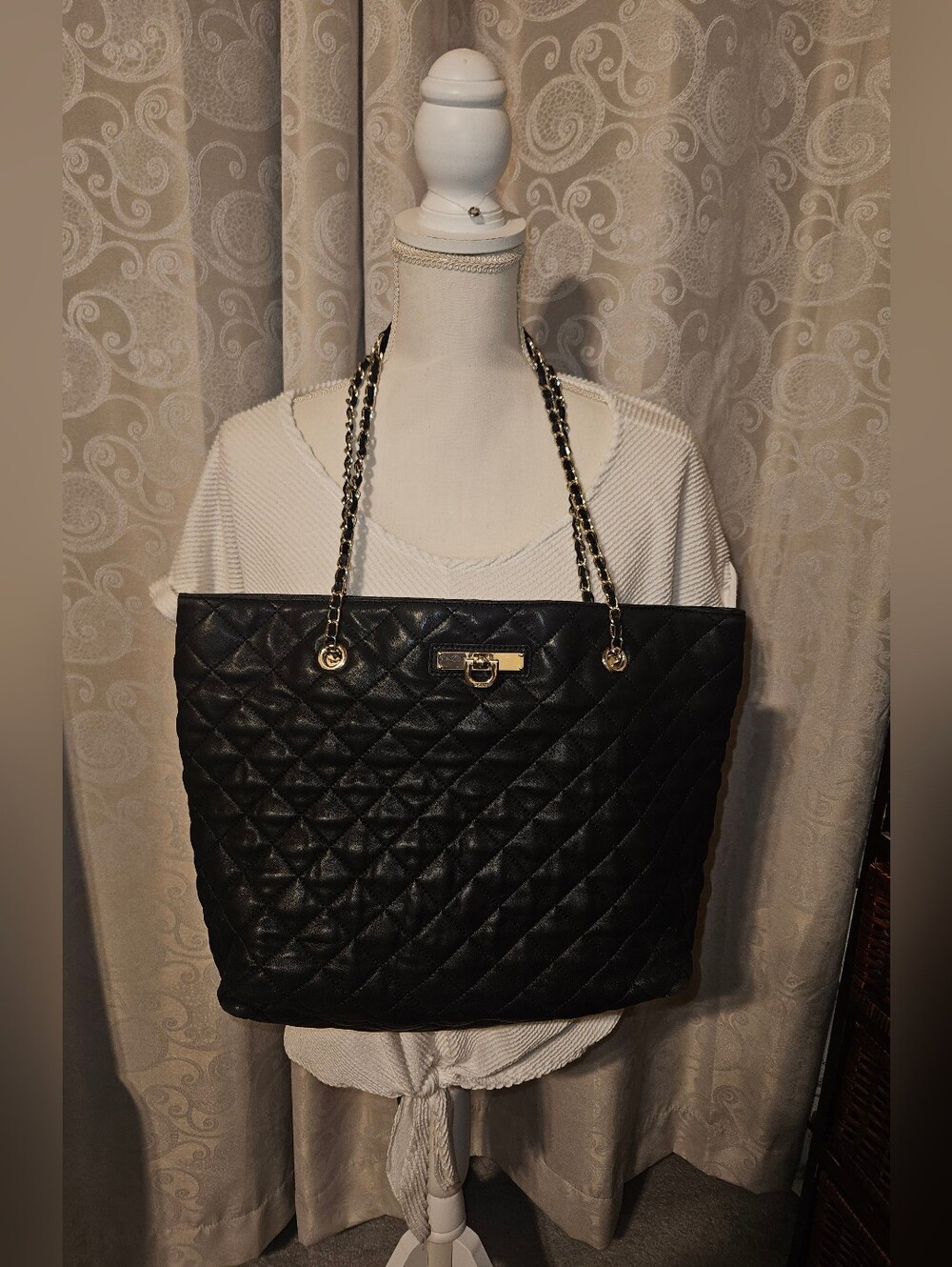 DKNYC Black Quilted Tote with Gold Chain Handles